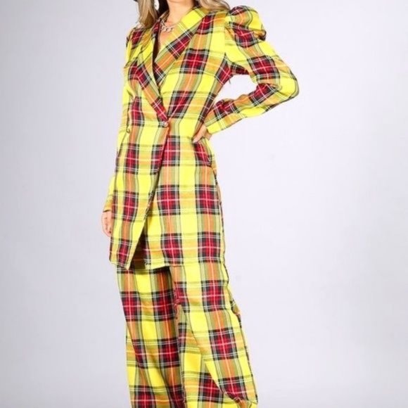 Callie Berry: Sunshine Yellow Puff Sleeve Plaid Oversized Palazzo Pant Medium - Picture 14 of 17